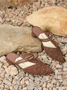 Ladies' Pointed Toe High Heels Rose Shaped Shoes Fashionable Brown Pumps, Spring & Summer Chunky Heel Elegant Lady Sandals Valentines - Brown - View 5