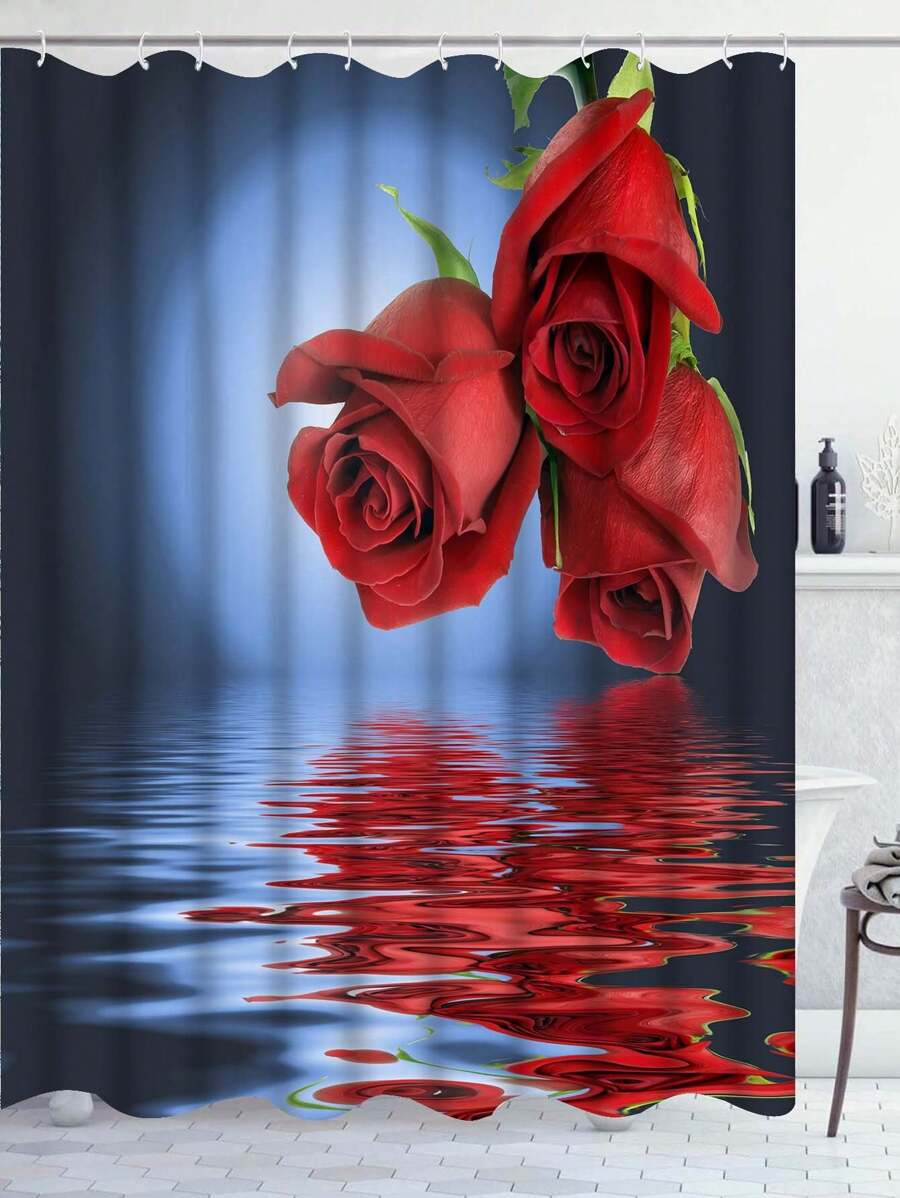 1入創意玫瑰圖案淋浴簾,防水浴室簾,含掛鉤,浴缸隔斷,浴室裝飾配件 - 彩色 - 查看 1