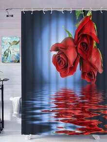 1入創意玫瑰圖案淋浴簾,防水浴室簾,含掛鉤,浴缸隔斷,浴室裝飾配件 - 彩色 - 查看 3