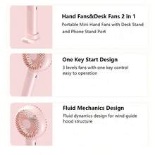 Portable Mini Fans USB Rechargeable Fans 3 Modes With Phone Stand, Hand Fan Desktop Fan 2 In 1 - Pink - View 5