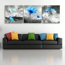 3入組方形藍花水墨畫布海報,沒有框架,適合客廳、臥室、辦公室等地使用 - 彩色 - 查看 3