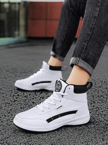 男士休闲高帮运动鞋，2024年夏季新款男士白色皮革运动鞋，大码46-48 - 白色 - 查看 1