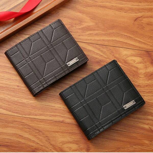 1 pieza Billetera corta para hombre, de color negro y café, con diseño de estampado geométrico, suave y casual de moda, con múltiples ranuras para tarjetas, de gran capacidad, apta para uso diario