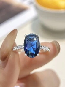 Newsoul 1 件装璀璨椭圆形蓝色戒指 S925 纯银女士珠宝 女士奢华永恒结婚戒指 精美订婚珠宝 - 銀色 - 查看 3