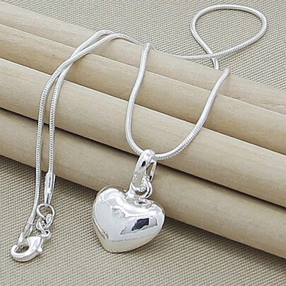 Charm Silver Solid Small Heart Pendant Necklace 16-30 Inch Snake Chain For Women Wedding Charm Fashion Jewelry