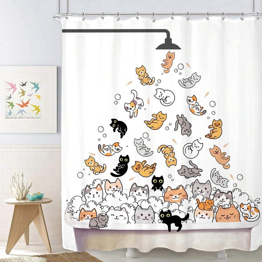 Cute Cat Shower Curtain For Kids Children Funny Cartoon Animal Raining Colorful Hilarious Lovely Pets Playing Water Bathroom Waterproof Polyester Fabric Bathtub 12 Packs Hooks Home Bathroom Decor Fall Decor Bathroom Accessories Back To School - Multicolor - View 1