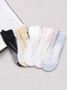 5 Pairs/Set Women's Mesh Breathable Lace Short Socks With Ruffle Trim In Black, White, Grey, Skin Color, Pink For Spring And Summer - Multicolor - View 8