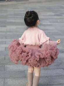 Young Girl Wide Waistband Ballet Princess Cake Puff TUTU Skirt In Sheer Netting Fabric