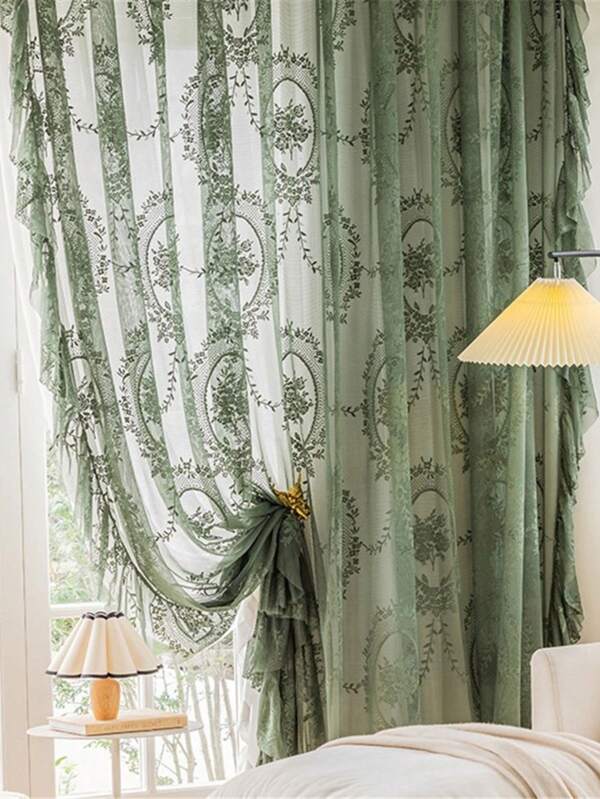 NewWPKIRA 2 Panels Princess Style Floral Embroidered Ruffled Sheer Lace Curtain For Bedroom Rod Pocket Top Romantic Window Treatment Drapes For Living Room/Hall/Villa
