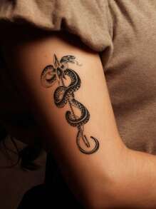 1 Unidad De Tatuaje Temporal De Flor Pequeña Con Diseño De Flechas De Serpiente Larga Negra Para Brazo, Pecho, Abdomen, Espalda, Etc. - Negro - Ver 5