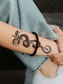 1 Unidad De Tatuaje Temporal De Flor Pequeña Con Diseño De Flechas De Serpiente Larga Negra Para Brazo, Pecho, Abdomen, Espalda, Etc. - Negro - Ver 4