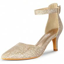 Women's Pumps Low Heel Closed Toe Heel 2.6 Inches For Women Dress Shoes For Wedding Bride Evening Party - Vàng - Xem 3