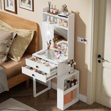 Small Vanity Desk With Mirror,Dresser With 3 Adjustable Lighted  Mirror, Makeup Vanity With Charging Station, Vanity Table With Glass Desktop & 2 Drawers & 4 Open Storage Shelves,White,Spring New Arrivals - trắng - Xem 4