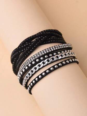1pc Fashionable Bohemian Style Leather & Chain Bracelet With Diamond Decoration, Suitable For Women's Daily Wear