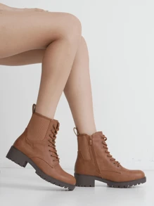 Comfyshoes Womens' Ankle Boots, Combat Lace-Up Boots With Inner Zipper - Rỉ Nâu - Xem 2