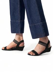 Women's Wedge Sandals Slip On Low Heel  Elastic Ankle Strap Vacation Business Casual Dress Shoes - Black - View 5