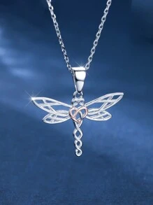 1入組獨特鏤空編織蜻蜓心雙色銀吊墜完美禮品適用於女性日期 - 銀色 - 查看 1