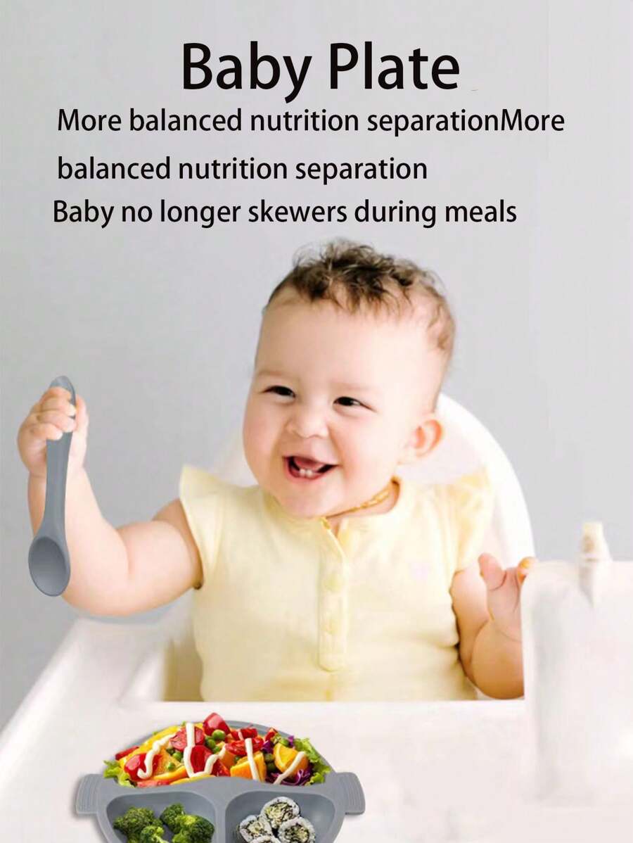 1 set Silikon Barn Servis Set Med 3 Avdelning Tallrik Och Skål För Matning Bebis - Multifärgad - Visa 1