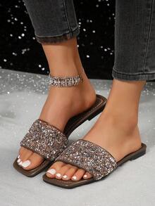 Của phụ nữ Kích thước lớn Dép phẳng - Mùa hè giản dị bờ biển Kỳ nghỉ Phong cách Chóp giầy mở ra Pha lê Trang trí Mặc vào Dép đi trong nhà - Màu Khaki - Xem 6