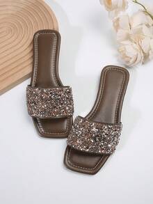 Của phụ nữ Kích thước lớn Dép phẳng - Mùa hè giản dị bờ biển Kỳ nghỉ Phong cách Chóp giầy mở ra Pha lê Trang trí Mặc vào Dép đi trong nhà - Màu Khaki - Xem 3