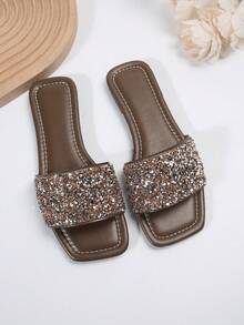 Của phụ nữ Kích thước lớn Dép phẳng - Mùa hè giản dị bờ biển Kỳ nghỉ Phong cách Chóp giầy mở ra Pha lê Trang trí Mặc vào Dép đi trong nhà - Màu Khaki - Xem 4