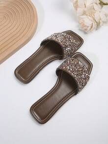 Của phụ nữ Kích thước lớn Dép phẳng - Mùa hè giản dị bờ biển Kỳ nghỉ Phong cách Chóp giầy mở ra Pha lê Trang trí Mặc vào Dép đi trong nhà - Màu Khaki - Xem 5