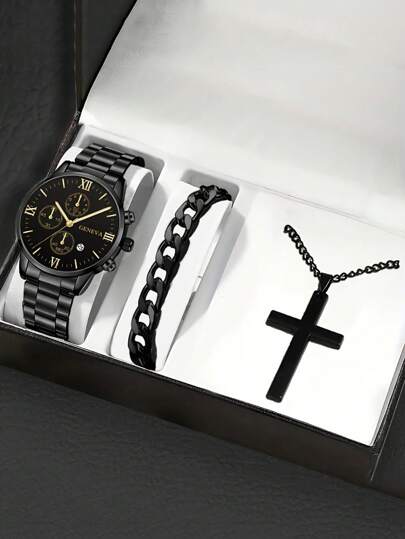 1 Reloj Clásico Con Calendario De Cuarzo + 1 Pulsera + 1 Collar Con Colgante De Cruz, Reloj De Acero Inoxidable De Estilo Empresarial A La Moda
