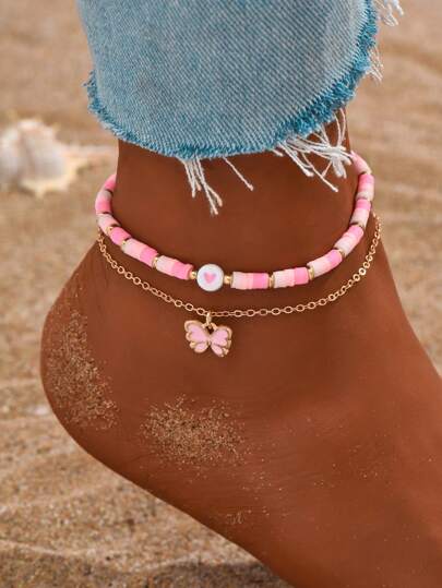 2pcs Sweet Bohemian Style Metal & Clay Bead Decor Anklets For Summer Vacation