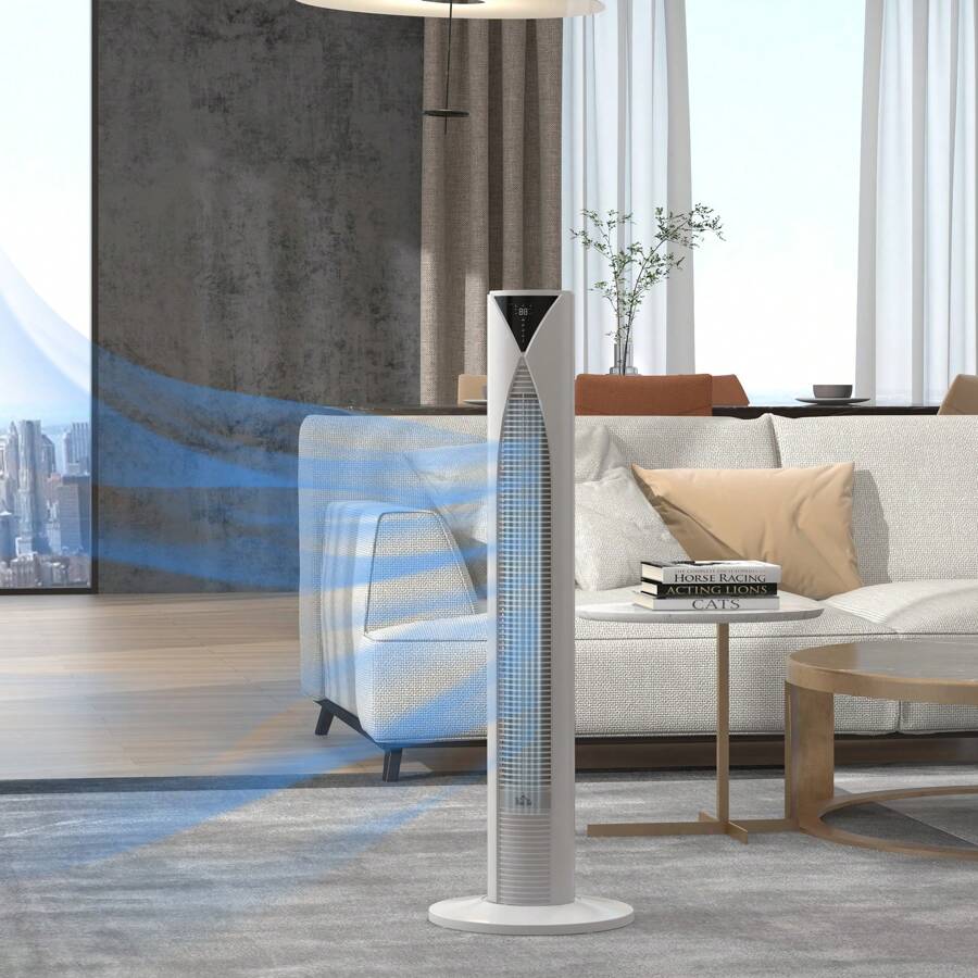 HOMCOM Ventilateur tour, avec télécommande, minuterie 12 heures, mode veille, 3 vitesses, ventilateur oscillant pour maison, chambre à coucher, bureau, blanc - Blanc - Voir 1