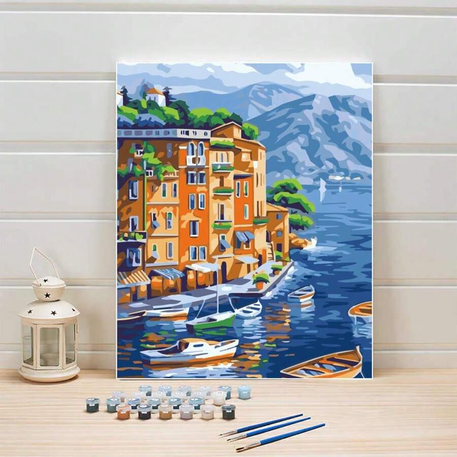 1pc Digital Oil Painting Town Seaside Ferry No Frame Paint By Number