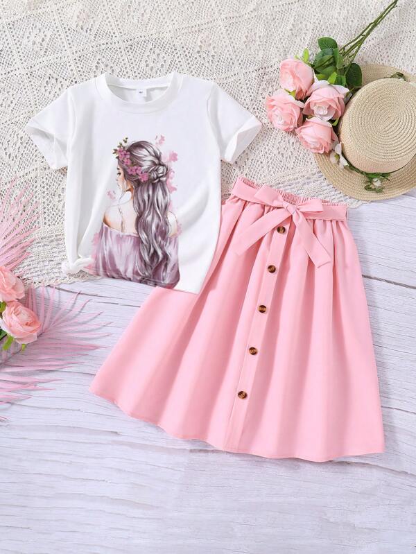 Young Girl Flower Character Printed Short-Sleeved Top And Buttoned Skirt