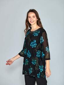 Blusa de Señora Estampada en Tallas Amplias, Diseño Exclusivo,  Ligero, Ideal para Otoño e Invierno - Azul - Ver 3