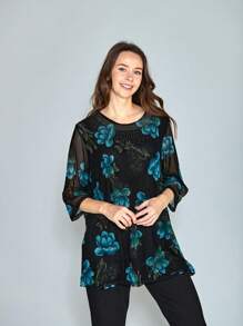 Blusa de Señora Estampada en Tallas Amplias, Diseño Exclusivo,  Ligero, Ideal para Otoño e Invierno - Azul - Ver 1