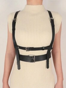 1 Miếng Của phụ nữ Hai lớp chất liệu da PU Harness Ngực & Eo Thắt lưng Với Sự trói buộc Dây đeo - màu đen - Xem 2