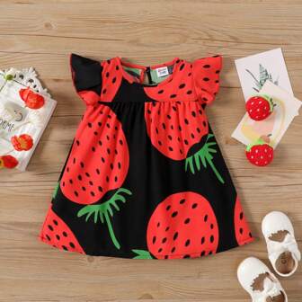  Patpat Vestido Para Niña Con Estampado De Fresas Y Mangas Con Volante