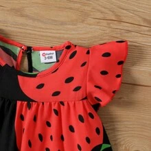 Patpat嬰兒女孩草莓印花波浪袖連衣裙 - 紅色 - 查看 5