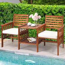 Banco de jardín con mesa, banco de madera con agujero para sombrilla y cojín de asiento, madera de acacia, banco de exterior 2 plazas, juego de asientos jardín balcón terraza parque, 165 * 65 * 88cm, rojo-marrón - Marrón - Ver 1