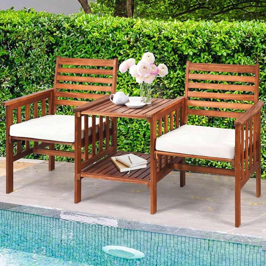 Banco de jardín con mesa, banco de madera con agujero para sombrilla y cojín de asiento, madera de acacia, banco de exterior 2 plazas, juego de asientos jardín balcón terraza parque, 165 * 65 * 88cm, rojo-marrón - Marrón - Ver 1