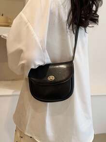 1入黑色輕盈pu材質女用手提袋帶有蓋和鎖扣,簡約時尚適用於日常通勤,可斜挎或肩背