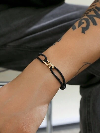 1pc Men's Fashionable And Simple Handmade Braided Bracelet With Geometric Metal Decoration, Gift For Friends, Couples Or Daily Wear