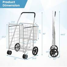 Folding Shopping Cart With Swiveling Wheels And Dual Storage Baskets - Silver - View 4