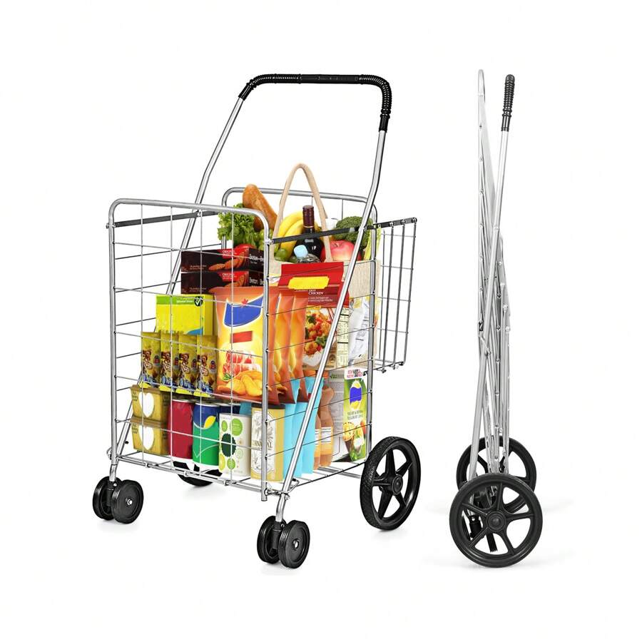 Folding Shopping Cart With Swiveling Wheels And Dual Storage Baskets - Silver - View 1