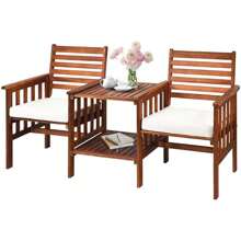 Banco de jardín con mesa, banco de madera con agujero para sombrilla y cojín de asiento, madera de acacia, banco de exterior 2 plazas, juego de asientos jardín balcón terraza parque, 165 * 65 * 88cm, rojo-marrón - Marrón - Ver 2