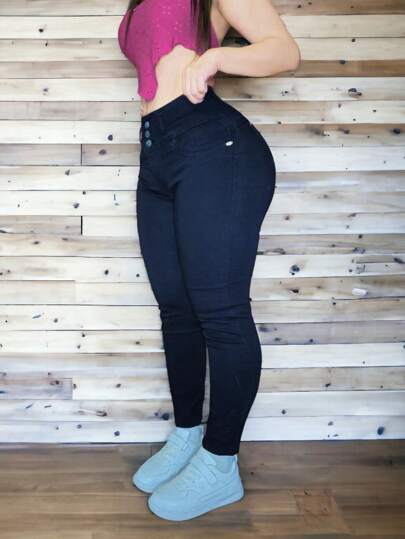 Pantalon jeans de mezclilla estilo skinny stretch para dama mujer ajustado push up cintura alta corte colombiano