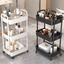1pc Small Trolley Style Floor Standing Shelf With Wheels For Kitchen And Bedroom Storage Organizing, Multifunctional For Kitchen, Bedroom, Bathroom, Supermarket, Hair Salon Storage - Black - View 1