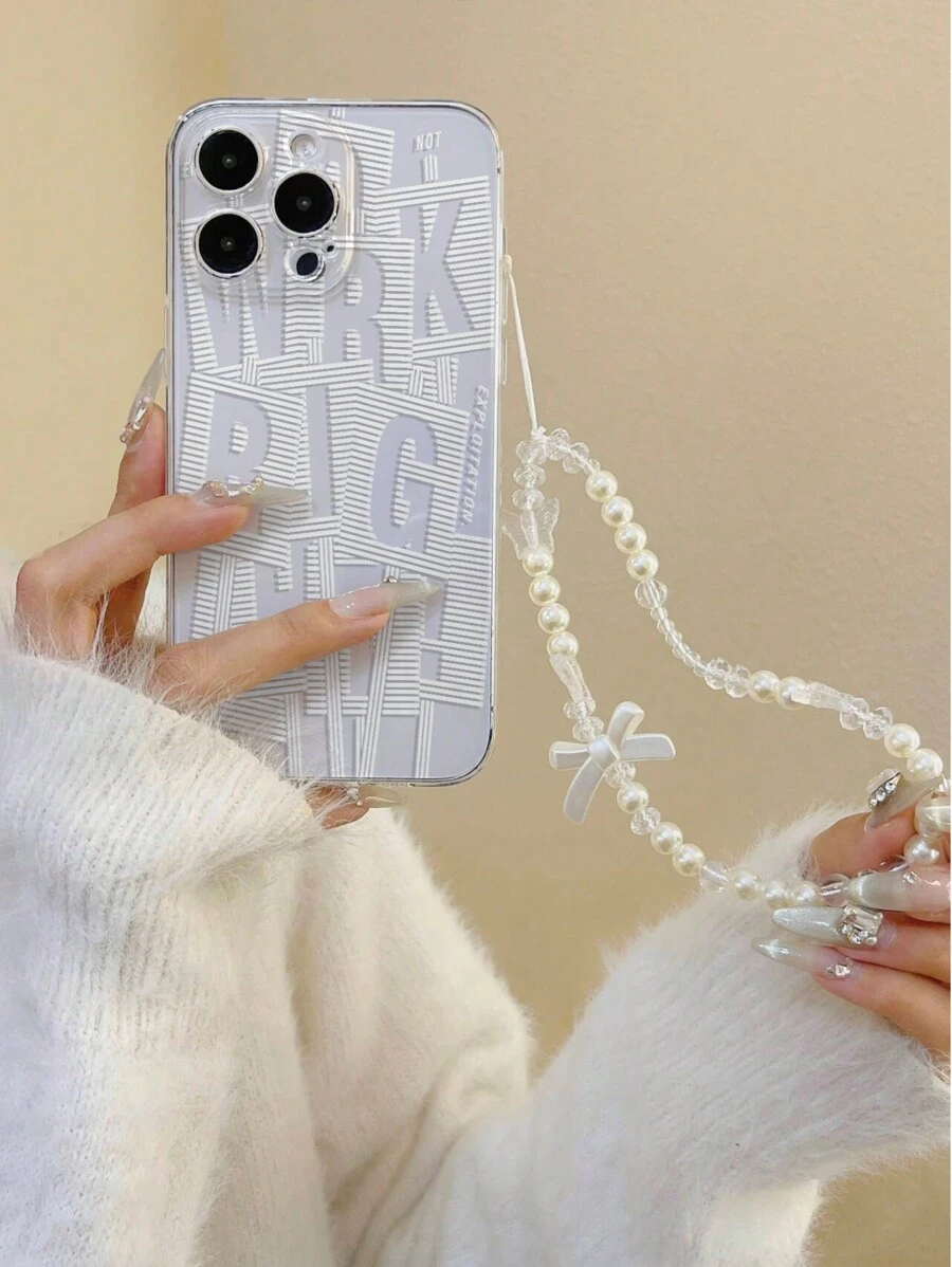 白色條紋字母印花柔軟TPU防摔手機殼，配有透明油畫和手工珠繡蝴蝶手鐲，兼容iPhone 15 Pro Max，iPhone 13/14/11/12/Pro/Max/Xs/P12，兼容Samsung Galaxy S24/S24+/S24 Ultra/S22/A13 4g/A52/A52s 5g，兼容小米紅米Note11/11 Lite - 彩色 - 查看 1