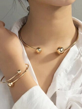 1套簡約時尚金色開口手環和項鍊套裝,可調節且優雅,適合作為禮物贈送給她