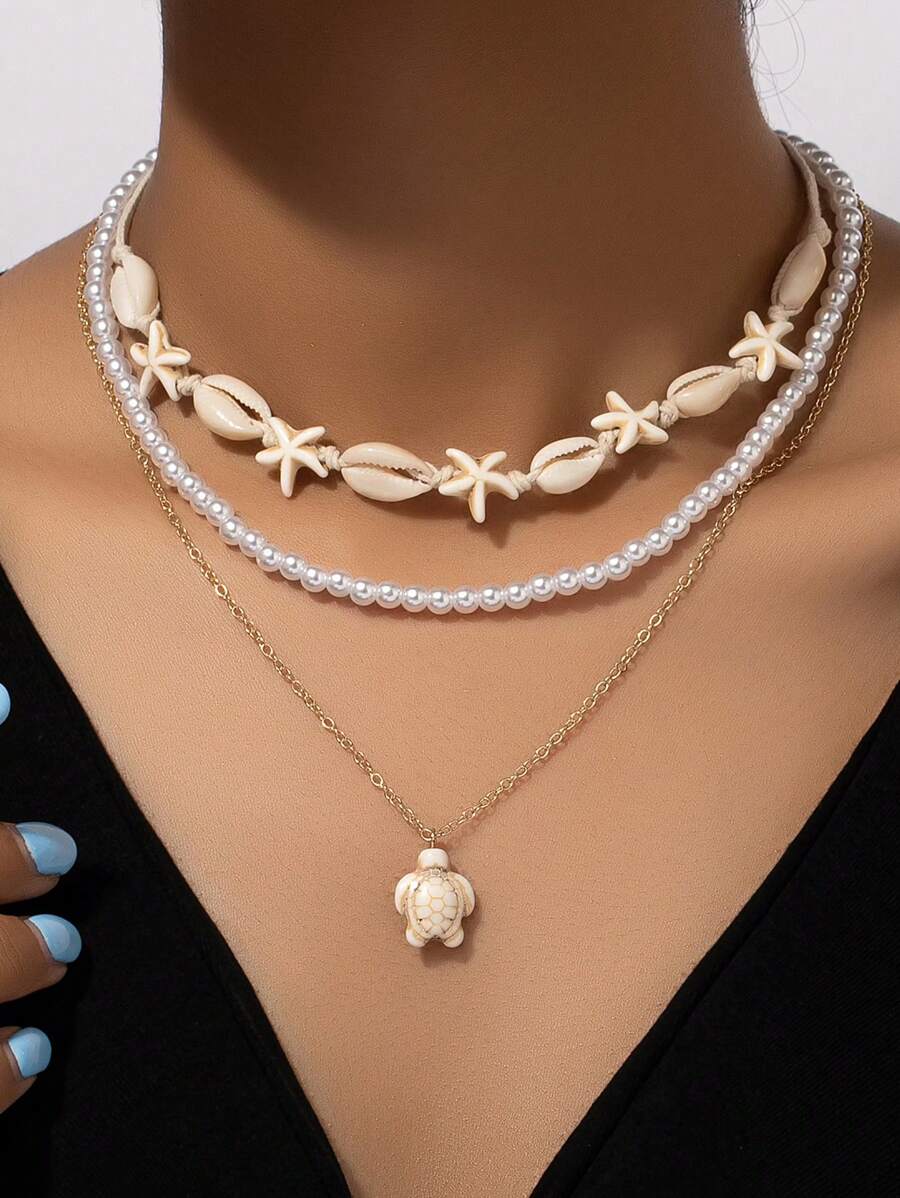 A Niche Personalized Shell Beaded Turtle Layered Necklace - White - View 1