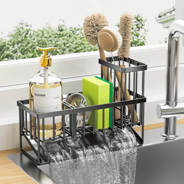 Cisily Kitchen Item Sink Caddy Kitchen Organizer, Sponge Holder For Kitchen Sink, Drain On An Incline Kitchen Sink Organizer,Rust-Resistant Metal Black Sink Caddy,Sink Caddy With Brush Holder