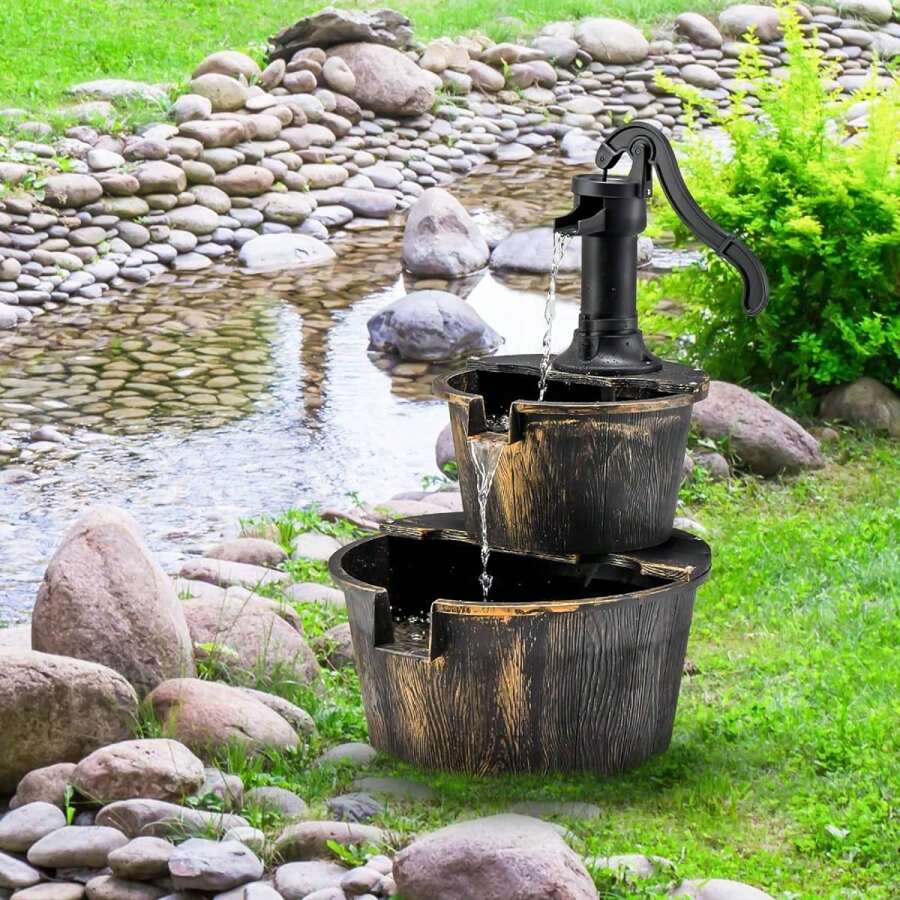 Garden Fountain Wood, Fountain Ornamental Fountain With Water Pump, Barrel Fountain Waterfall, Wooden Fountain Wooden Bucket Deco, Water Feature For Garden, Lawn, Terrace & Backyard - 銅色 - 查看 1